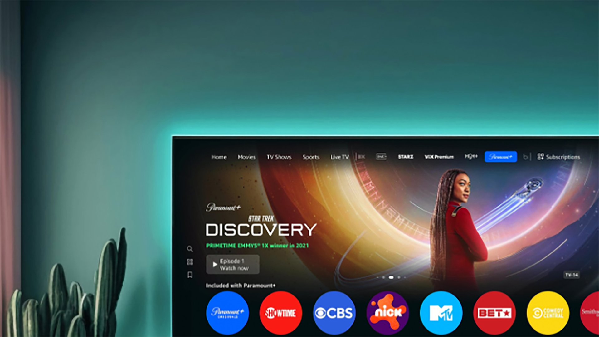 Large television showing off new Amazon Prime Video navigation bar with ad for "Star Trek Discover" on screen