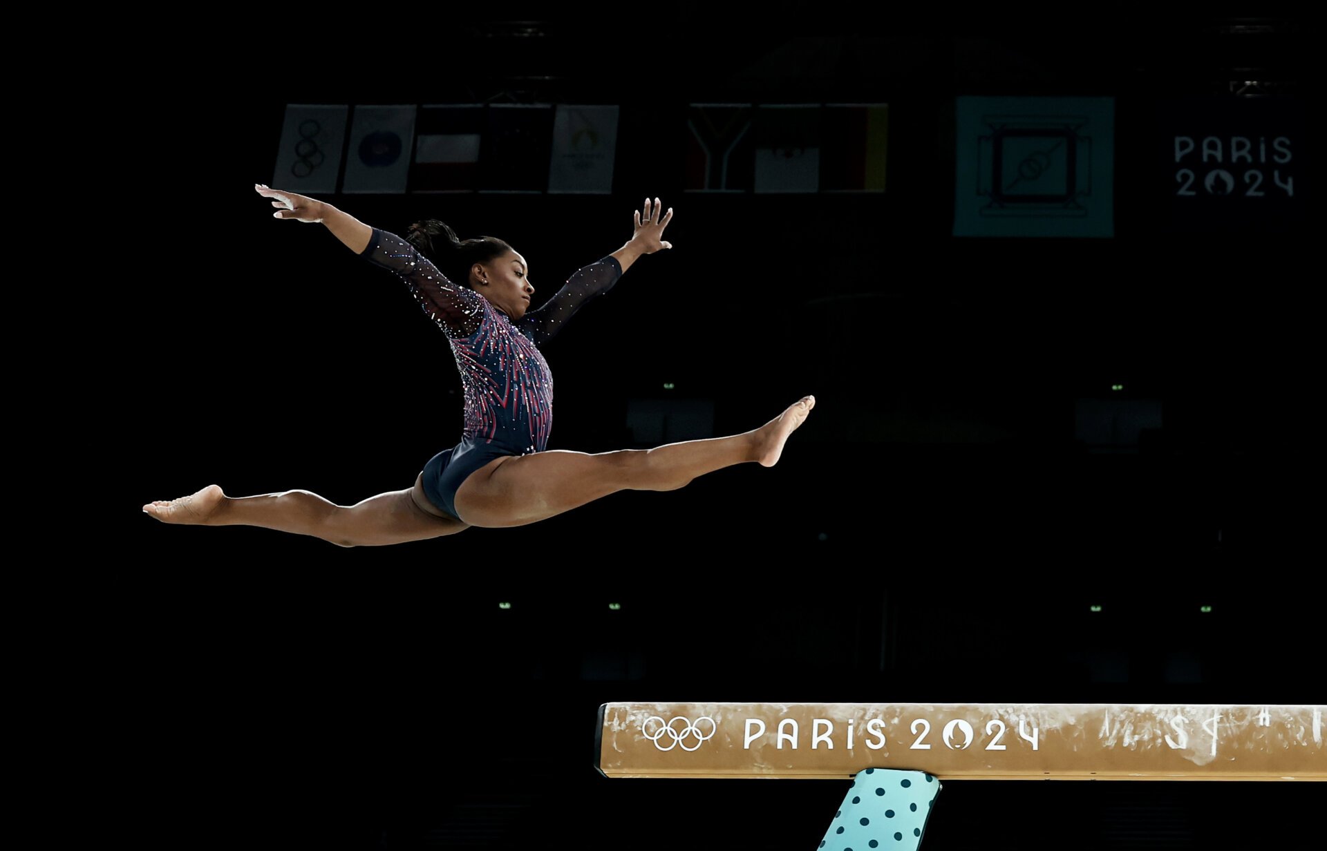 2024 Olympics Paris Simone Biles of Team United States practices on the balance beam during a Gymnastics training session in the Bercy Arena ahead of the Paris 2024 Olympic Games on July 25, 2024 in Paris, France.