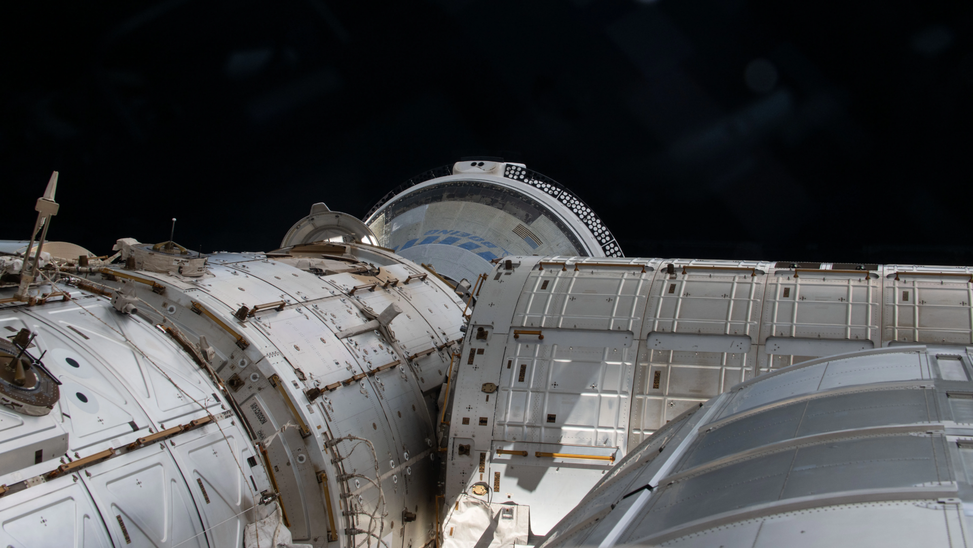 The Starliner spacecraft docked to the Harmony module’s forward port.