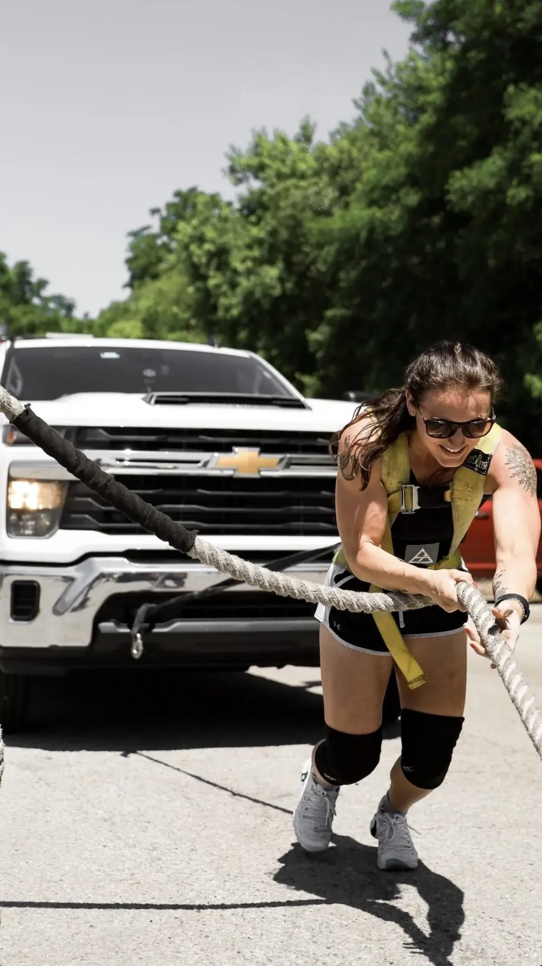 Gigi Balsamico pulls a Chevy Silverado and food truck trailer