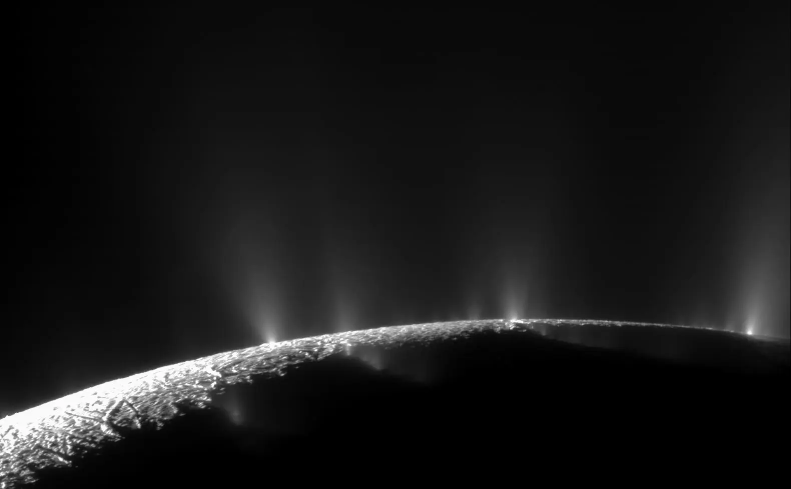 Plumes of shoot out of Saturn's moon Enceladus.